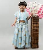 Powder blue elephant print jacket with ghagara set