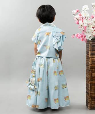 Powder blue elephant print jacket with ghagara set 2