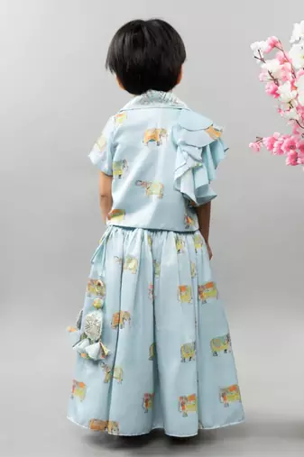 Powder blue elephant print jacket with ghagara set