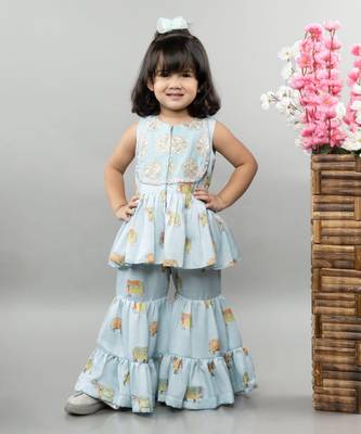 Powder blue elephant print gota embroidery sharara set 1