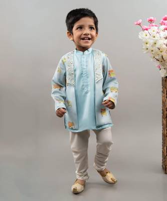 Powder blue indo western elephant print attached jacket set 1