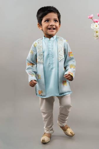 Powder blue indo western elephant print attached jacket set