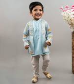 Powder blue indo western elephant print attached jacket set