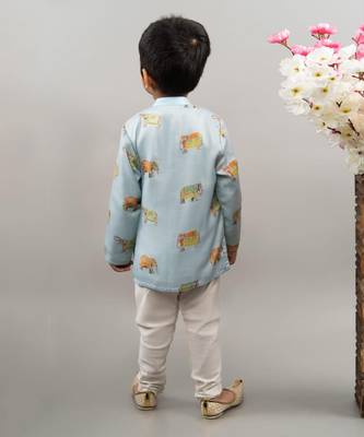 Powder blue indo western elephant print attached jacket set 2