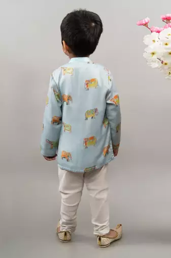 Powder blue indo western elephant print attached jacket set
