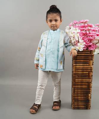 Powder blue indo western elephant print attached jacket set 3