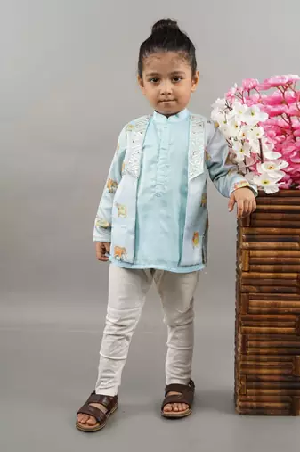 Powder blue indo western elephant print attached jacket set