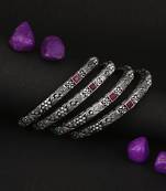 Women set of 4 silver plated red and green stone handcrafted bangle