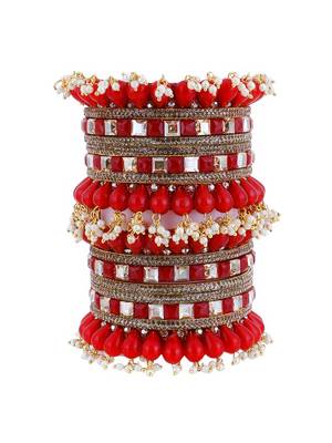 Women red beautiful stone & pearl handcrafted designer bangles 4