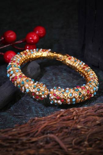 Women set of one 24ct ethnic copper gold plated pearl-beaded bangle