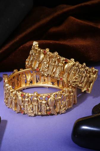 Women set of 2 gold-plated stone-studded god and godesstemple bangle