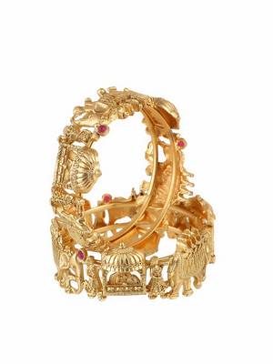 Women set of 2 gold-plated stone-studded elephant and doli temple bangle 4