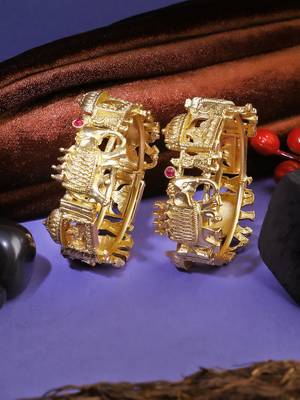 Women set of 2 gold-plated stone-studded elephant and doli temple bangle 1