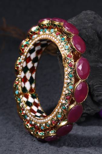 Women set of one 24ct copper gold plated pink stone with pearls ethnic bangle