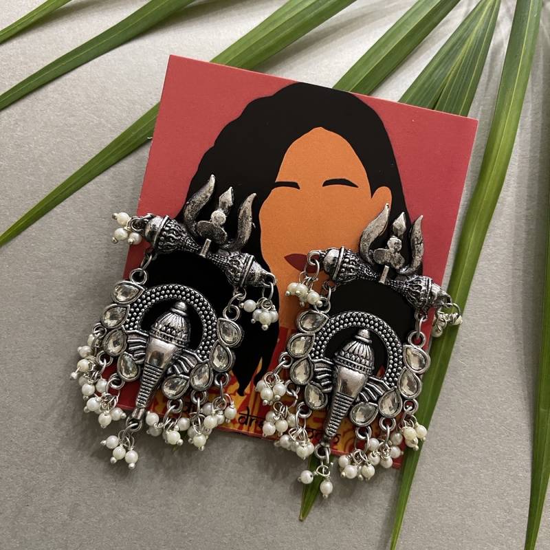 Oxidized silver dangler earrings with lord ganesha trishul