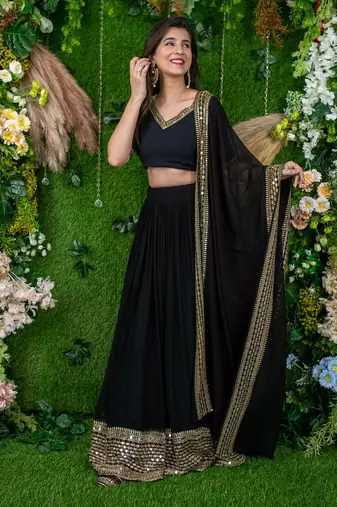 dazzle black zari embroidered georgette festival lehenga set choli with dupatta