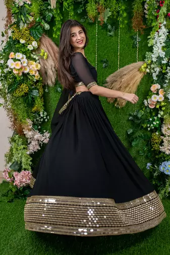 dazzle black zari embroidered georgette festival lehenga set choli with dupatta