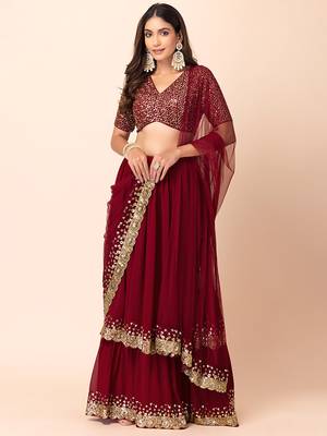 Wonderful Maroon Sequins Georgette Party Wear Lehenga Choli 1