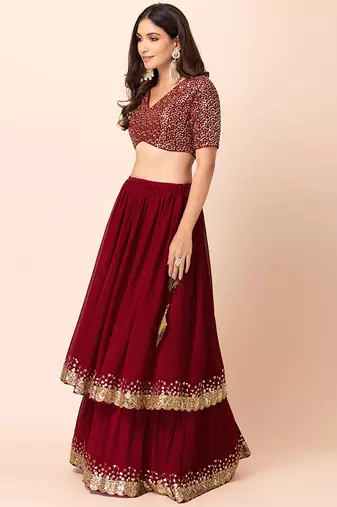 Wonderful Maroon Sequins Georgette Party Wear Lehenga Choli