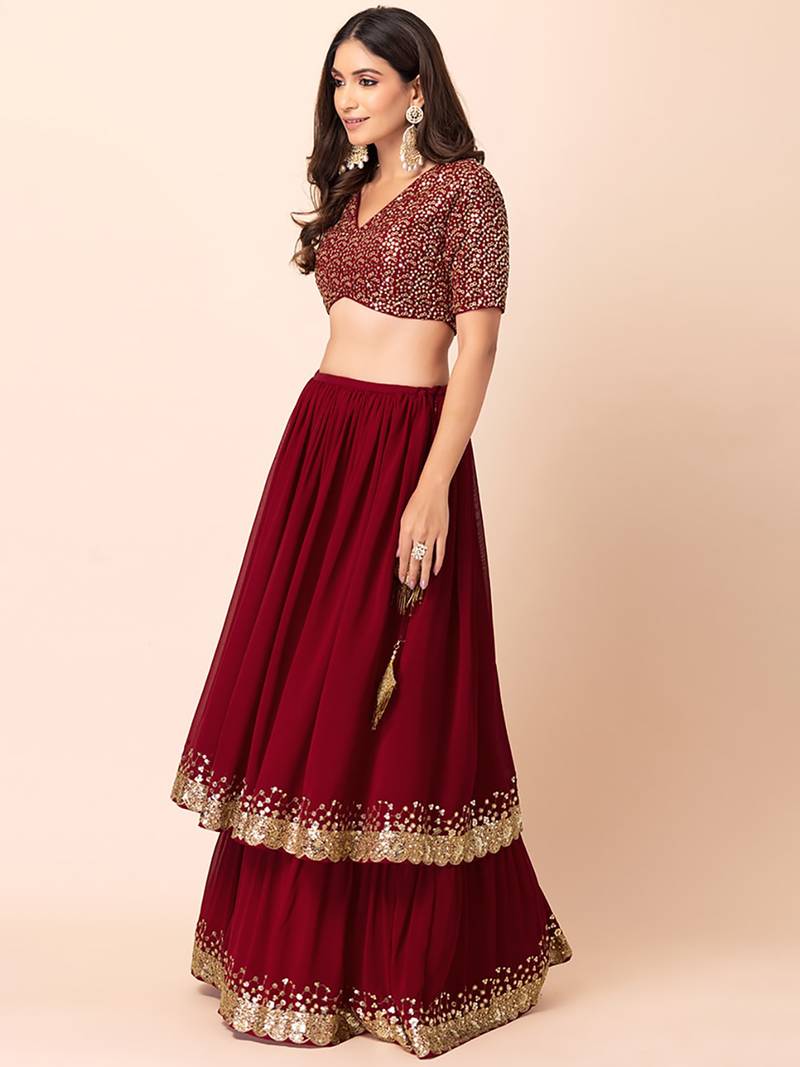 Wonderful Maroon Sequins Georgette Party Wear Lehenga Choli
