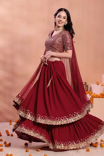 Wonderful Maroon Sequins Georgette Party Wear Lehenga Choli