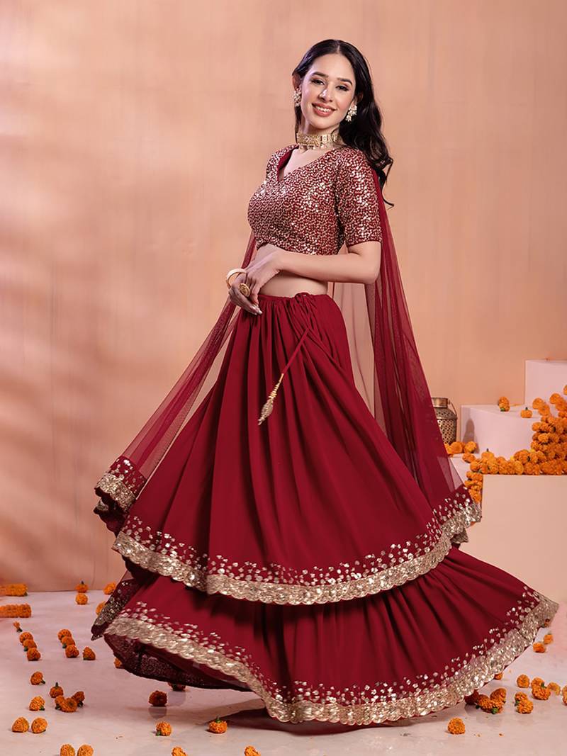 Wonderful Maroon Sequins Georgette Party Wear Lehenga Choli