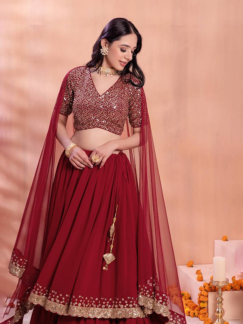 Wonderful Maroon Sequins Georgette Party Wear Lehenga Choli