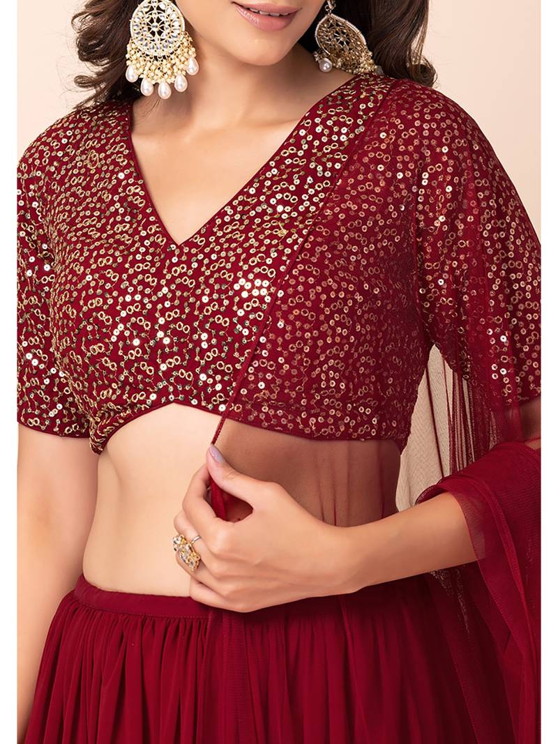 Wonderful Maroon Sequins Georgette Party Wear Lehenga Choli