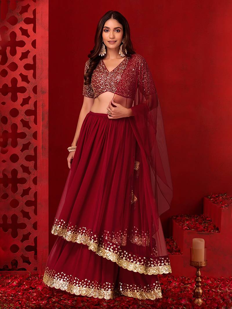 Wonderful Maroon Sequins Georgette Party Wear Lehenga Choli