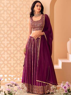 marvelous wine sequins georgette lehenga set choli with dupatta 1
