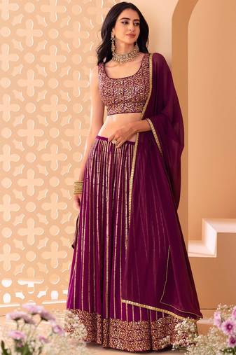 Marvelous Wine Sequins Georgette Reception Wear Lehenga Choli