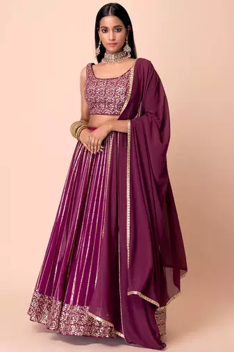 marvelous wine sequins georgette lehenga set choli with dupatta