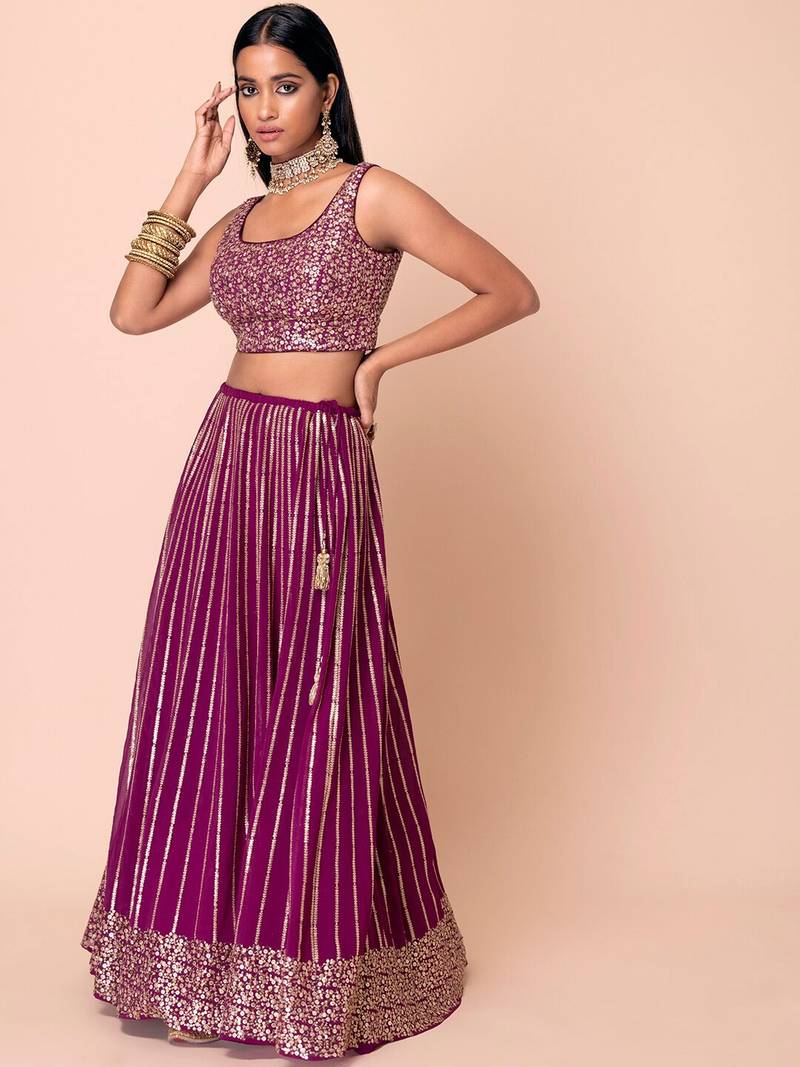 Marvelous Wine Sequins Georgette Reception Wear Lehenga Choli
