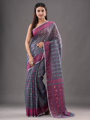 Silk Cotton Buti Work Jamdani Saree Without Blouse 1