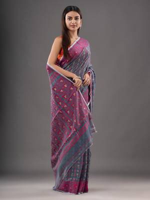 Silk Cotton Buti Work Jamdani Saree Without Blouse 2