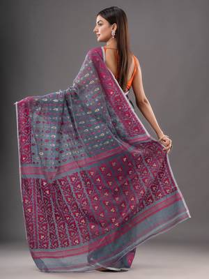 Silk Cotton Buti Work Jamdani Saree Without Blouse 3