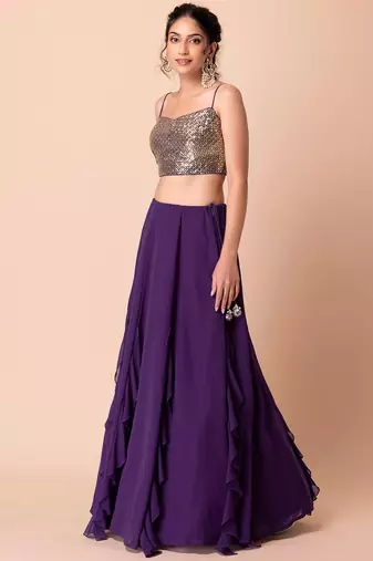 Purple Georgette Sequin Embroidered Blouse Lehenga Choli