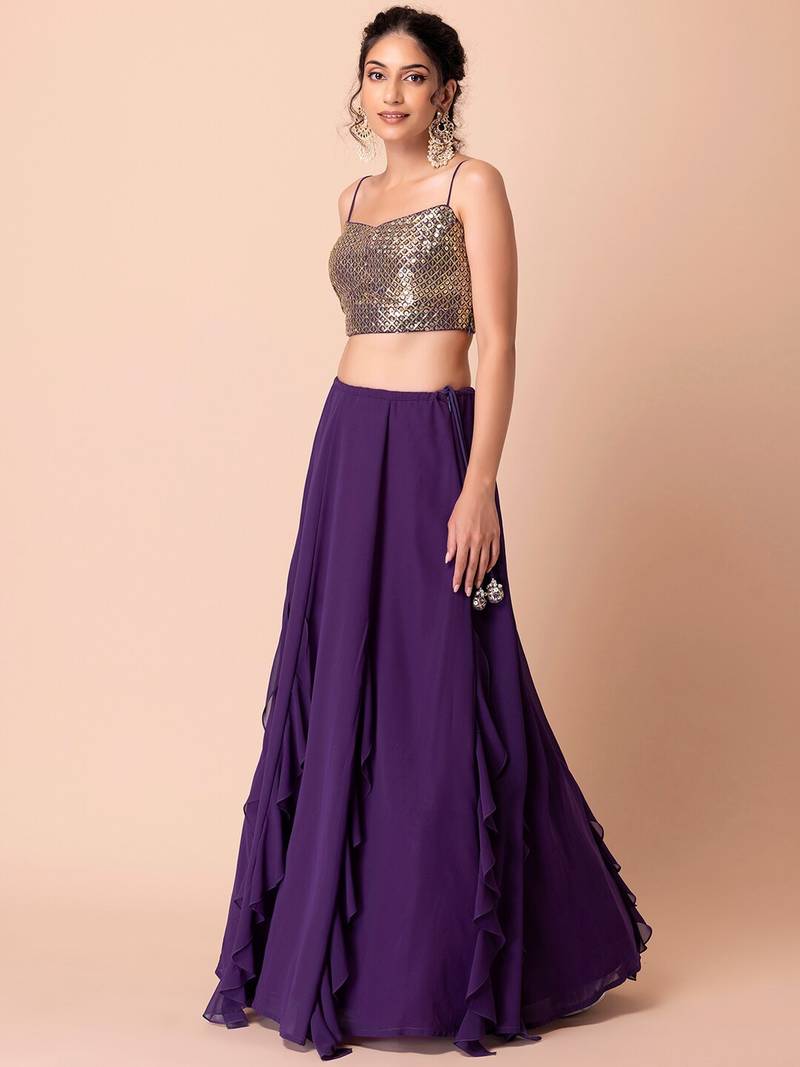 Purple Georgette Sequin Embroidered Blouse Lehenga Choli
