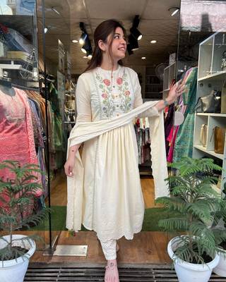 creame Cotton Embroidered Kurti with Pant & Dupatta 1
