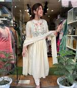creame Cotton Embroidered Kurti with Pant & Dupatta