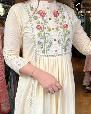 creame Cotton Embroidered Kurti with Pant & Dupatta 3