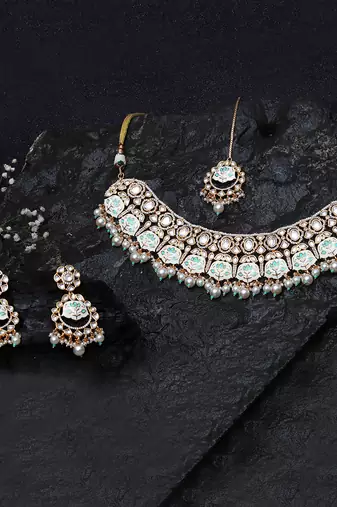 Mint and white meenakari kundan choker set