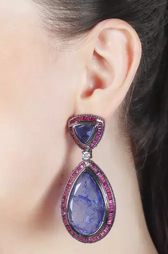 Vivid blue sapphire dew drop shaped doublet dangler earrings