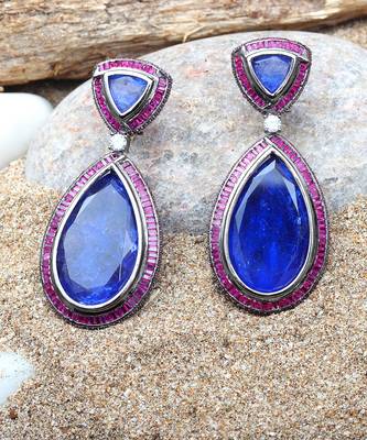 Vivid blue sapphire dew drop shaped doublet dangler earrings 3