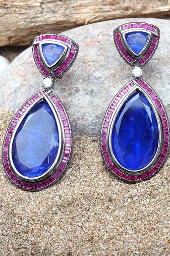 Vivid blue sapphire dew drop shaped doublet dangler earrings