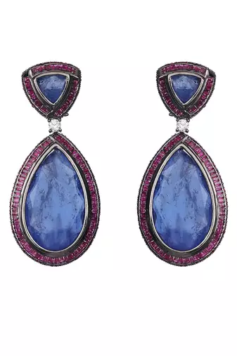 Vivid blue sapphire dew drop shaped doublet dangler earrings