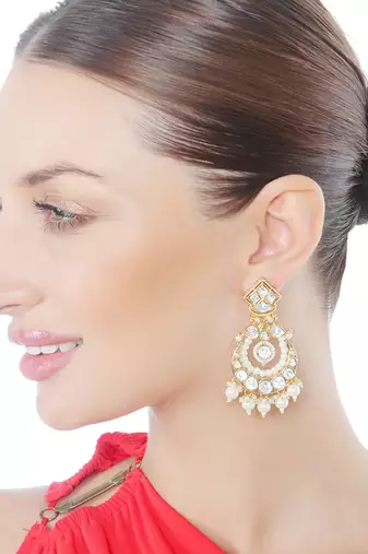 White kundan and polki chaandbaali earrings