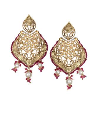 Red antique meenakari and kundan work dangler earrings 1