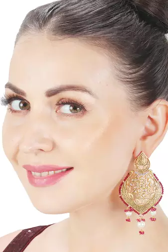 Red antique meenakari and kundan work dangler earrings