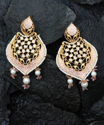Pink antique meenakari and kundan work dangler earrings 5
